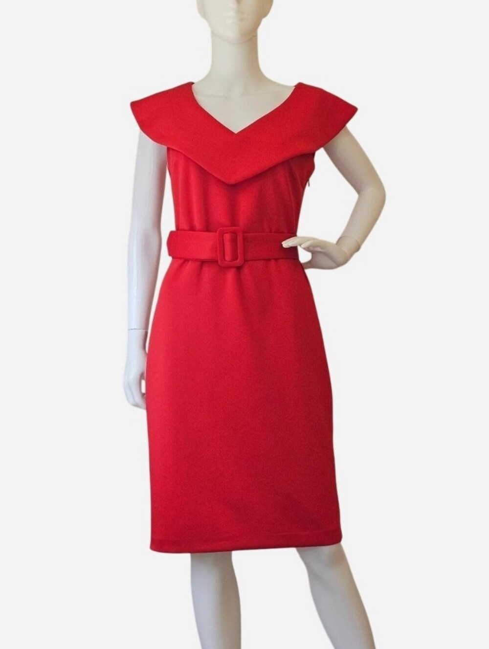 NM NEIMAN MARCUS Women's Classic Red Belted V-Neck Sleeveless‎ Midi Dress. Sz 6